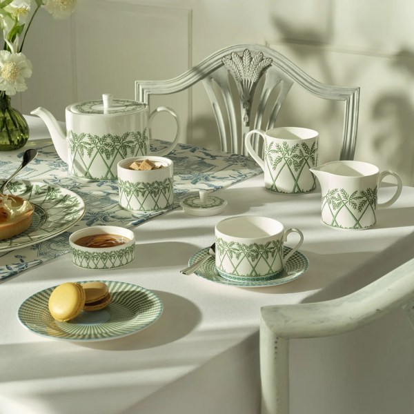 Fine Bone China Milk Jug with sage green palm decoration. 200ml capacity.