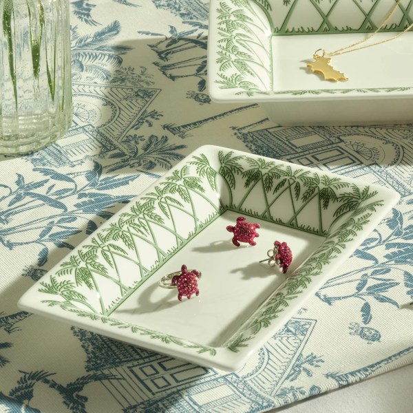 Fine Bone China Trinket Tray with blue palm decoration