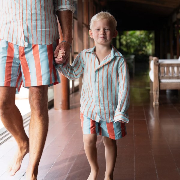 Orange and Turquoise striped linen shirt and swim shorts