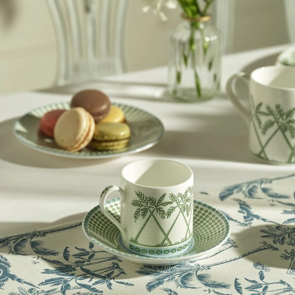 A set of 2 Fine Bone China Espresso Cups & Saucers with Sage Green Palm Motif
